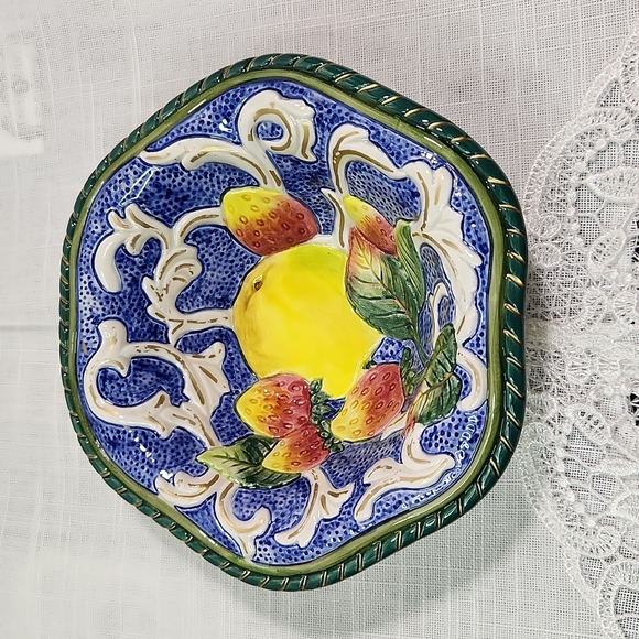 Fitz and Floyd Florentine Fruits al Fresco Blue Nuts Candy Dish, Octagonal Shape - Picture 3 of 8